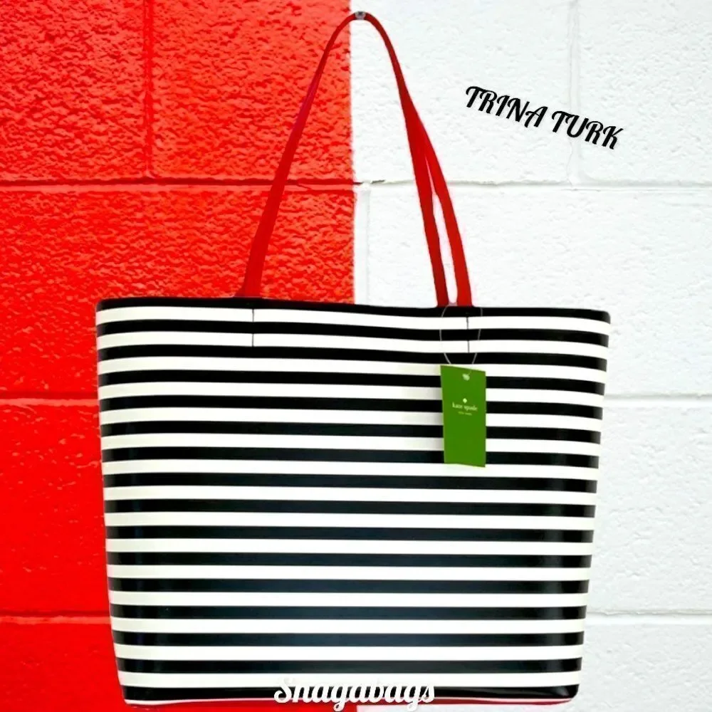 KATE SPADE NWT CHILI PEPPER LEN TOTE SHOULDER BAG EXTRA SPICY RED BLACK STRIPED - Picture 3 of 11